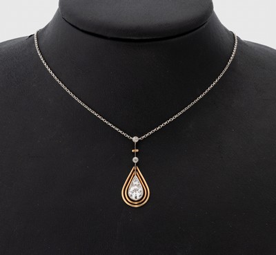 14 kt Gold Diamant-Collier, GG/WG 585/000, Altschliff-Diamanten zus. ca. 1.0 ct Weiß/si- p, tropfenförm. Abhängung, L. ca. 46 cm, Kastenschloss ...