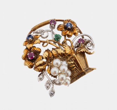 14 kt Gold Farbstein-Perl-Diamant-Brosche "Blumenkorb", GG/WG 585/000, aufwendig gearbeitet, rund facett. Rubine, Saphire und Smaragde ...