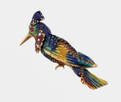 18 kt Gold Brosche "Vogel" mit Email , GG 750/000, bt. emailliert, L. ca. 4 cm, ca. 5.7 g