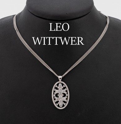 18 kt Gold LEO WITTWER Brillant-Anhänger, WG 750/000, oval, durchbrochen, 75 Brillanten zus. ca. 2.54 ct (grav.) feines Weiß-Weiß/vs- si, an ...