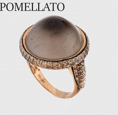 18 kt Gold POMELLATO Mondstein-Brillant-Ring, GG 750/000, mittig brauner Mondstein- Cabochon ca. 8.0 ct, Brillanten zus. ca. 0.40 ct feines ...