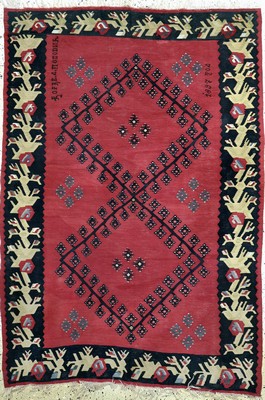 Sarkoy Kelim antik signiert, Türkei, datiert 1897 , Wolle auf Wolle, ca. 200 x 140 cm, EHZ: 2(fleckig)