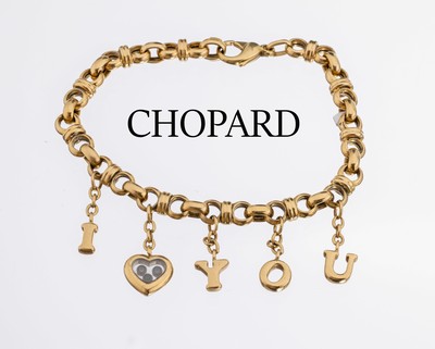 18 kt Gold CHOPARD Brillant-Armband "Happy Diamonds", GG 750/000, Abhängungen I love YO U, Herz mit bewegl. Brillanten hinter Glas, ...