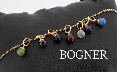 18 kt Gold BOGNER Farbstein Armband, GG 750/000, 7 Anhänger mit versch. Halbedel- steinkugeln, L ca. 19 cm, Karabinerschließe, ca. 4.2 g