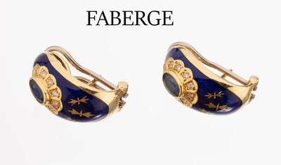 Paar 18 kt Gold FABERGE Saphir-Brillant -Ohrstecker, GG 750/000, 2 ovalfacett. Saphire zus. ca. 0.80 ct, 20 Brillanten zus. ca. 0.25 ct feines ...