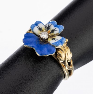 14 kt Gold Brillant-Ring, GG 585/000, Ringkopf in Form eines Veilchens, emaill., 1 Brillant ca. 0.06 ct Weiß/p, RW 51, ca. 4.2 g