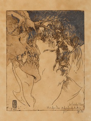 Horst Janssen, 1929-1995, Die Flasche Nase- Huch der schwedische Kukuk, Radierung von 1982, handsigniert, stark gebräunt, ca. 31.5x24.5 cm, u.Gl., ...