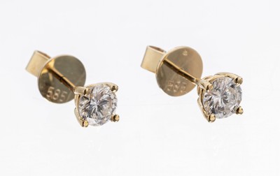 Paar 14 kt Gold Brillant-Ohrstecker, GG 585/000, 2 Brillanten zus. ca. 1.00 ct Weiß/si-p