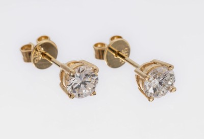 Paar 14 kt Gold Brillant-Ohrstecker, GG 585/000, 2 Brillanten zus. ca. 0.83 ct Weiß/si-p
