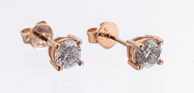 Paar 14 kt Gold Brillant-Ohrstecker, RG 585/000, 2 Brillanten zus. ca. 0.66 ct Weiß/p