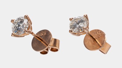 Paar 14 kt Gold Brillant-Ohrstecker, RG 585/000, 2 Brillanten zus. ca. 0.91 ct l.get.Weiß/si-p