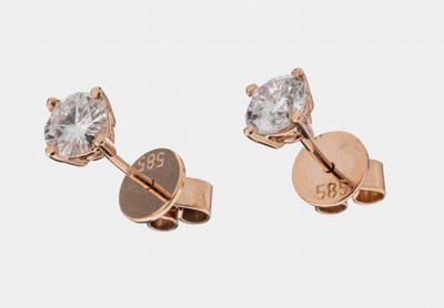 Paar 14 kt Gold Brillant-Ohrstecker, RG 585/000, 2 Brillanten zus. ca. 1.12 ct Weiß/p