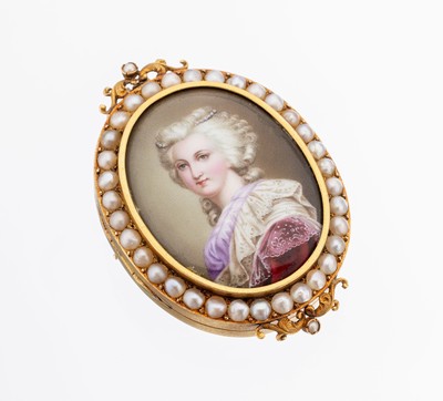 18 kt Gold Miniaturmalerei-Brosche, um 1860, GG 750/000 gepr., schwere qualitätvolle Verarbeitung, ovale Miniaturmalerei, Darstellung einer jungen ...