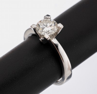 18 kt Gold Brillant-Ring, WG 750/000, 1 Brillant ca. 1.28 ct Weiß/si, RW 56, ca. 6.9 g