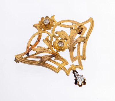 18 kt Gold Jugendstil Diamant- Anhänger/Brosche, GG 750/000 gepr., zeittyp. floraler Dekor, 2 Diamant zus. ca. 0.12 ct Weiß/p 1, 1 St. besch., ...