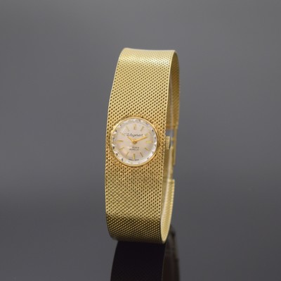 WAGNER Damenarmbanduhr in GG 585/000, Schweiz um 1965, Handaufzug, Boden m. Monogramm aufgedr., silb. Zifferbl. m. gold. Std.-Ind., gold. Zeiger, ...