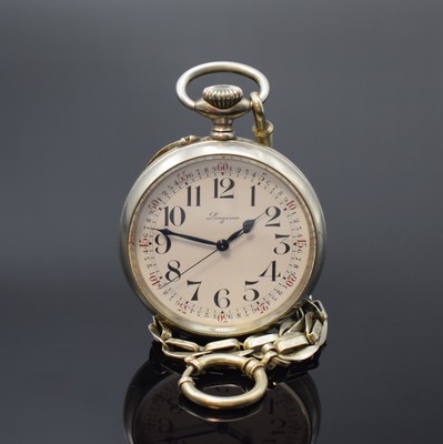LONGINES große, seltene offene Taschenuhr mit Zentralsekunde und ausgeschriebener Minuterie, Schweiz um 1916, glattes Nickelgeh. an Nickel-Kette, ...