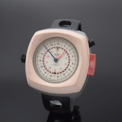 HEUER Supersport Armband-Stoppuhr Referenz 775.902, Schweiz 1970er Jahre, Handaufzug, Polymer-Gehäuse, Oberteil altersbed. verblasst, ...