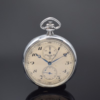 HEUER Taschenuhr-Schaltradchronograph, Handaufzug, Schweiz um 1930, Metall verchromt, Scharnierboden, Glasrand aufgedr., matt vers. Zifferblatt ...