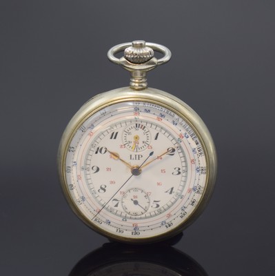 LIP offene Herrentaschenuhr mit Schaltradchronograph, Schweiz f. franz. Markt um 1920, Nickelgeh. dell., Emailzifferbl. mit arab. Zahlen und ...