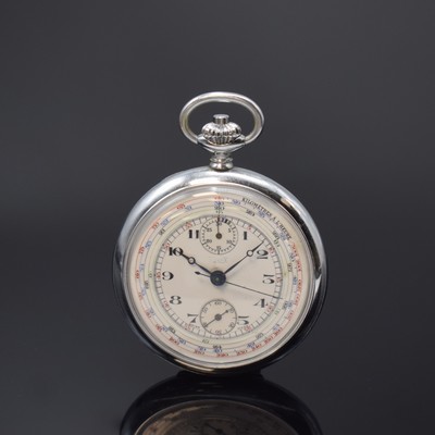 HUGEX offene Herrentaschenuhr mit Schaltradchronograph, Schweiz um 1925, verchr. Geh., Emailzifferbl. mit arab. Zahlen und mehrfarbiger Skalierung ...