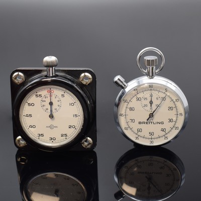 BREITLING und AURICOSTE 2 Einhandstoppuhren,Schweiz 1960/70er Jahre, Breitling: verchr. Metallgeh., 60-Sek.- und 30 Min.-Stoppz., Kal. Valjoux 320, ...