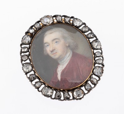 Brosche mit Portraitmalerei, feine Portraitmalerei monogrammiert NH und datiert 1763, sehr feine Malerei, hervorragende Ausarbeitung des Inkarnats, ...
