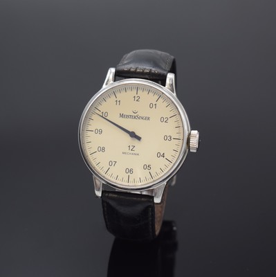 MEISTERSINGER Herrenarmbanduhr 1Z, Schweiz um 2005, Handaufzug, beids. vergl. Edelstahlgeh. inkl. Lederband (zu ers.) m. orig. Dornschl., Boden ...