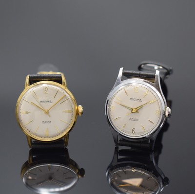 BIFORA Unima Kaliber 120 2 seltene Armbanduhren, Deutschland um 1955, beide Handaufzug, 1 x verg. Geh. m. aufgedr. Stahlboden, 1 x verchr. Geh. m. ...