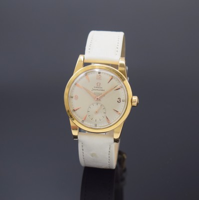 OMEGA seltener Armbandchronometer in RG 750/000 Referenz 2518, Hammerautomatik, Schweiz um 1951, Boden verschr., silb. Zifferbl. m. aufgel. Indizes ...
