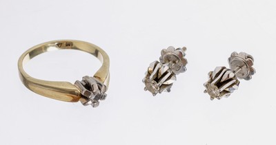 14 kt Gold Brillant-Konvolut, GG/WG 585/000, best. aus: 1 Ring, RW 56, Ringkopf WGBrillant ca. 0.10 ct Weiß/si, und 1 Paar Ohrstecker, WG 585/000, ...