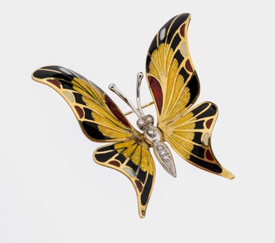 18 kt Gold Diamant-Brosche "Schmetterling" mitEmail, GG/WG 750/000, qualitätvolle italienische Atelierarbeit, Flügel aufwendig in ...