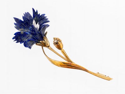 14 kt Gold Lapislazuli-Brillant-Brosche, GG585/000, floral, Blüte aus Lapislazuli geschnitten, 2 kl. Brillanten, L. ca. 7.5 cm, ca. 9.5 g