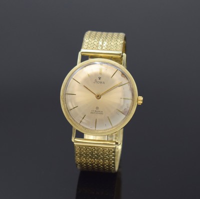 STOWA Herrenarmbanduhr in GG 585/000, Deutschland/Schweiz um 1965, Handaufzug, Boden aufgedr., silb. Zifferbl. fl./besch., gold. Std.-Ind. u. Zeiger, ...