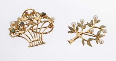 Konvolut 2 8 kt Gold Broschen, GG 333/000, 1 x Darstellung eines Blumenkorbs, kl. Farbsteine, kl. Zuchtperlen und kl. Diamanten,ca. 3.7 x 3.5 cm, ...