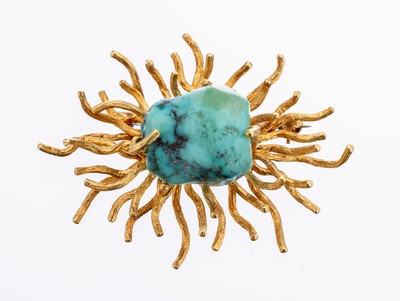 18 kt Gold Türkis-Brosche, GG 750/000, abstrakte Gestaltung, gr. Türkis, ca. 4.6 x 3.5 cm, ca. 15.3 g