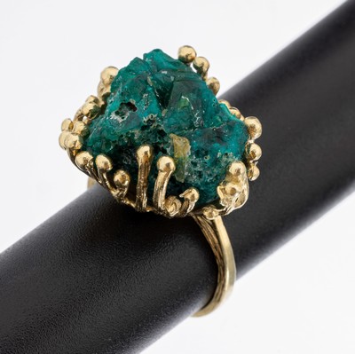 14 kt Gold Türkis-Ring, GG 585/000, part. grav., gr. Türkis-Rohstein, RW 51, ca. 8.7 g