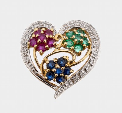 14 kt Gold Diamant-Farbstein-Herzanhänger, GG/WG 585/000, rundfacett. Saphire, Smaragde und Rubine zus. ca. 0.30 ct, 8/8-Diamanten zus. ca. 0.14 ct ...