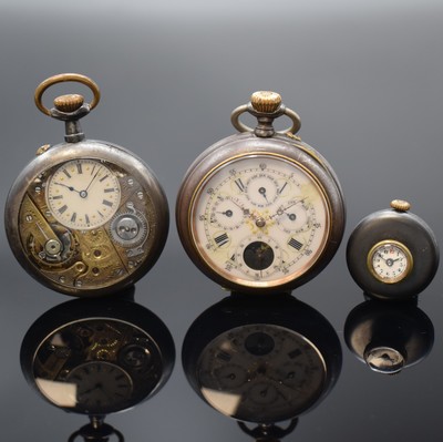 3 offene Taschenuhren in brüniertem Stahl, Schweiz um 1910, glatte Geh. berieb., 1.) VALOR WATCH, vorn sichtb., voll grav. Ankerwerk, exzentr. ...