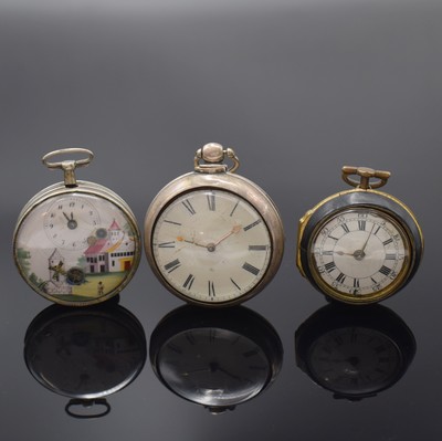 Spindeluhr mit Mühlen-Automat und 2 weitere Spindeluhren, um 1760 - 1830, 1.) Silbergeh., polychrom bemaltes Emailzifferbl. besch., Mühlen-Automat ...