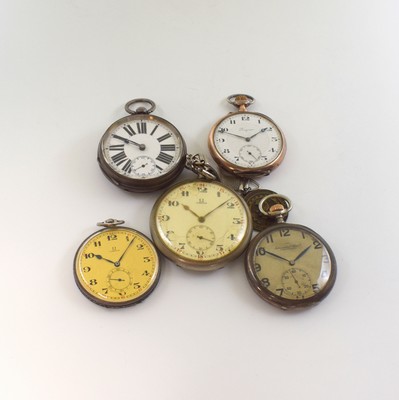 Konvolut: 5 offene Taschenuhren, um 1880 - 1940, 4 x Kronenaufzug, 4 x Silbergeh., 1 x Nickel, 2 x Omega, 1 x Longines, 1 x IWC im falschen Geh., 3 x ...