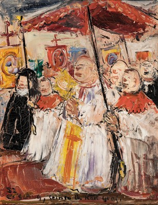 Erich Schug, 1906 Ludwigshafen-1982 Bad Dürkheim, Darst. einer Fronleichnams- Prozession, Öl/Hartfaser, am unteren Rand gewidmet: E. Schug, seinem ...