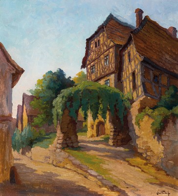 Carl Knauf, 1867 Bad Godesberg-1944 Nidden, Blick auf ein Fachwerkhaus mit bewachsenem Torbogen, Öl/Lwd, rechts unten sign., ca. 56x 50cm, R. ca. ...