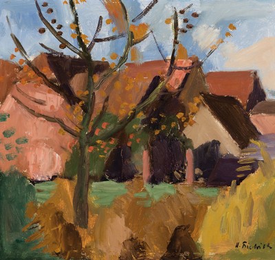 Heinz Friedrich, 1924-2018 Schwetzingen, Landschaft mit Häusern hinter Baum, Öl/ Malkarton, rechts unten sign., ca. 42x43cm, R. ca. 55x56cm