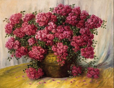 Sophia Becker-Leber, 1869-1952, Stillleben mit Buschrosen in Messinggefäß, Öl/Lwd, re. u. sign. und dat. 1943, ca. 80x100cm, R. ca. 90x110cm