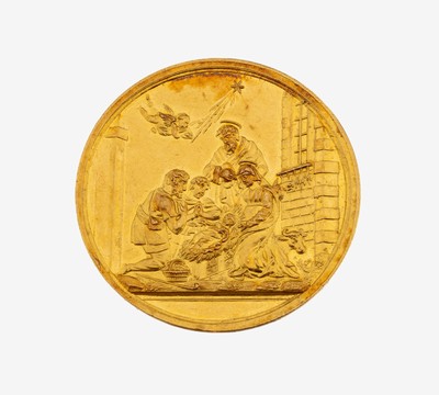 Goldmedaille, 1844, 900er Gold gepr., AV: Darstellung Jesuskind mit Maria und heiligen drei Königen, RV: Inschrift, Lad. Pfeiffer geboren dem 26. ...