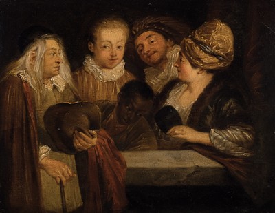 Unbekannter Künstler, wohl Niederlande, 19. Jh., vier Menschen betrachten einen afrikanischen Jungen, Öl/Holz, ca. 23x29cm