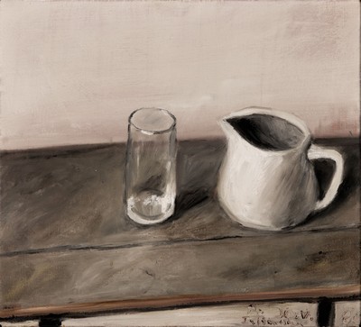 Klaus Fußmann, geb. 1938 Velbert, Stillleben mit Krug und Glas, Öl/Lwd, rechts unten signiert und dat. 80, ca. 45x50cm,