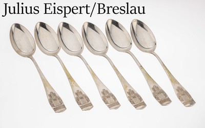 6 Menuelöffel, 800er Silber, deutsch, 1888-1945, schlichte Formsprache, Griffabschluss bez. mit "Schlesischer Schützenbund" mit ...