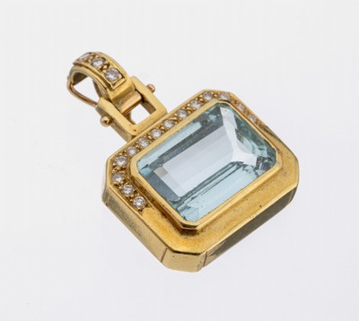 18 kt Gold Aquamarin-Brillant-Clipanhänger, GG 750/000, Aquamarin im Treppenschliff ca. 14.0 ct, 17 Brillanten zus. ca. 0.34 ct Weiß/si, ca. 3.2 x ...